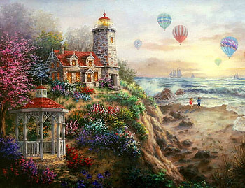 Joy Fun & Laughter, children, house, gazebo, rocks, beach, lighthoust, blossoms, chimney, smoke, trees, hot air balloons, cliff, water HD wallpaper