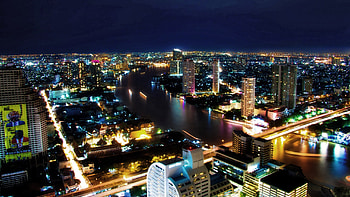 River bridge night, Skyscraper lights HD wallpaper