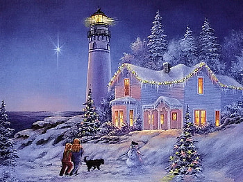 Lighhouse Christmas, winter, lighthouse, children, lights, snow, house, trees HD wallpaper