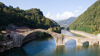 Bridge Above River Between Trees Buildings Houses Under Blue Sky Nature HD wallpaper