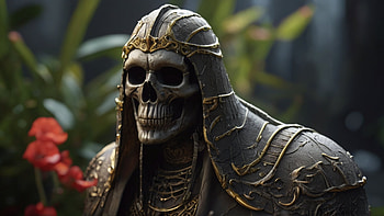 Dead Warrior, undead, forest, skull, flower, warrior HD wallpaper