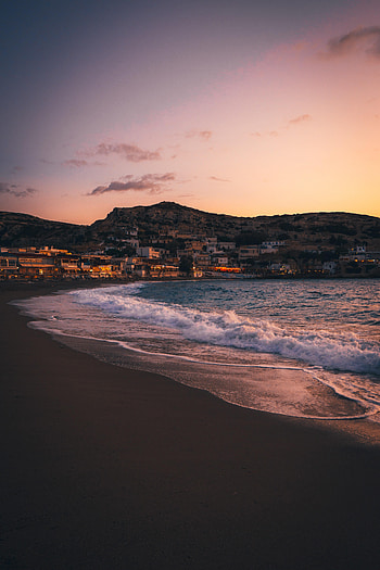 Nature, Sunset, Sea, City, Rocks, Coast HD phone wallpaper