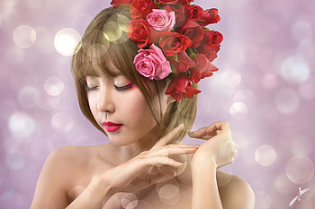 Girl of roses, beautiful girl, rose girl, tenderness, roses, imagination, hands, beauty, fingers, touch, fantasy, body, face, red roses, lips, hair HD wallpaper