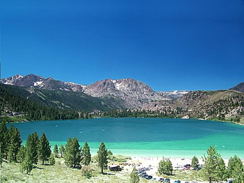 Surrounded, blue, grass, land, lake, trees, nature, sky, mountains, water, forest HD wallpaper