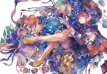 Nature's Beautiful Miracles, skirt, jellyfish, girl, gloves, long hair, purple eyes, anime, brown hair, flowers, fish, hat HD wallpaper