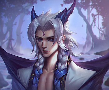 Fantasy man, man, blue, fantasy, horns, zelun jia, face HD wallpaper