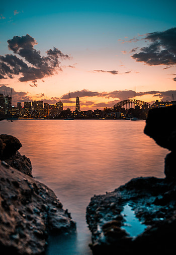 Cities, Sunset, City, Building, Lake, Coast HD phone wallpaper