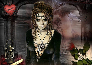 Goth, night, sea, beautiful eyes, house, red heart, open book, woman in black dress, red roses, blonde hair HD wallpaper