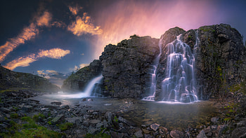 Falling Waters, waterfalls, sky, mountains, rocks, Firefox Persona theme, sunrise, beach, pond HD wallpaper