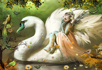 THE FAIRY & THE SWAN, MASK, FLOWERS, SWAN, WINGS, BUTTERFLIES, BIRDS, FAIRY HD wallpaper