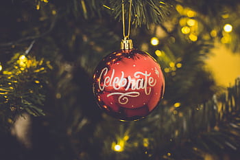 Close-up of a red Christmas ornament with 'Celebrate' text hanging on a decorated tree branch. HD wallpaper