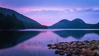 Jordan Pond, Acadia NP, Maine, sky, usa, sunset, hills, colors, stones HD wallpaper