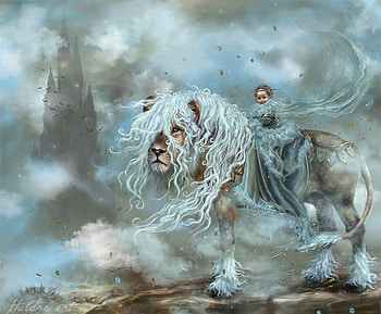 blue lions king, blue, king, lion, castle, fantasy world HD wallpaper