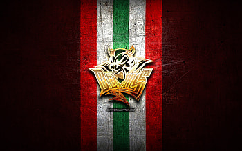 Cardiff Devils, golden logo, Elite League, red metal background, english hockey team, Cardiff Devils logo, hockey HD wallpaper