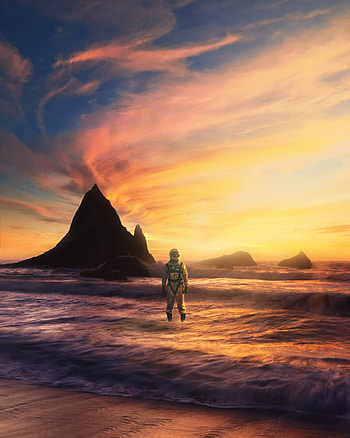 Landscape, Sea, Alien, Rocks, Miscellanea, Miscellaneous, Astronaut, Extraterrestrial HD phone wallpaper