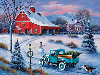 Chasing the Tree, snow, car, artwork, dog, barn, painting, trees HD wallpaper