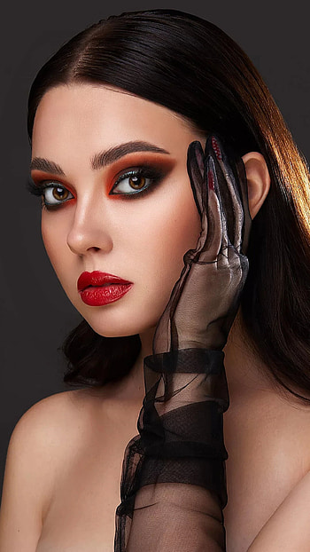 Portrait, makeup, beautiful, lip, gloves, beauty, red lips HD phone wallpaper