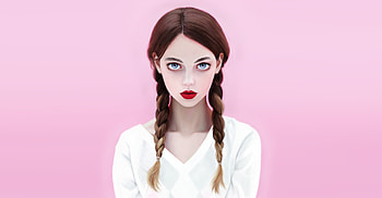Brunette, red lips, ponytails, girl, art HD wallpaper