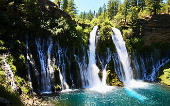 The rocks weep at Burney Falls, California, river, trees, cliff, water, rocks, usa HD wallpaper