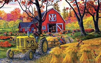 Farm Fall Festival, artwork, straw, barn, leaves, painting, trees, tractor HD wallpaper