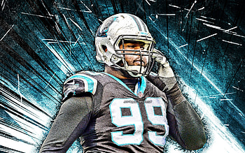 Kawann Short, grunge art, Carolina Panthers, defensive tackle, american football, NFL, Kawann Arcell Short, blue abstract rays, Kawann Short Carolina Panthers, Kawann Short HD wallpaper