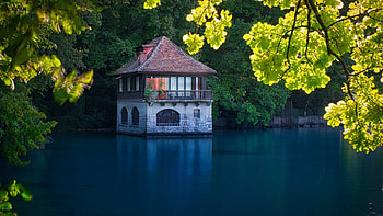House at Lake Thun, Switzerland, trees, leaves, rocks, water HD wallpaper