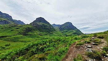Glen Coe, Scotland, hills, stones, path, clouds, landscape, sky HD wallpaper