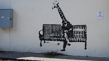 artwork, Animals, Graffiti, Walls, Banksy, Bench, Sitting, Legs, Giraffes, Shadow, Street Art / and Mobile Backgrounds HD wallpaper
