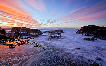 Beautiful, colorful, colors, peaceful, beauty, beach, waves, reflection, ocean, sunset, sea, rocks, summer, view, clouds, nature, sky, lovely, splendor HD wallpaper