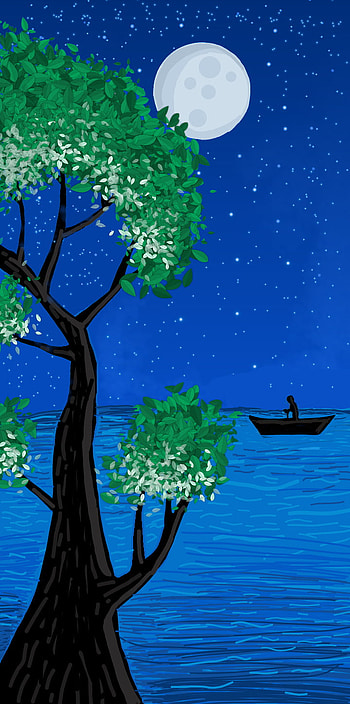 December vibes, scenary, art, night, drawing, tree, river, stars HD phone wallpaper