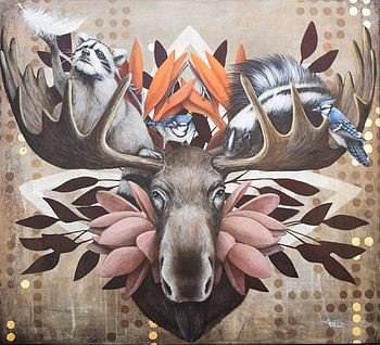 Moose, animal, elk, art, horns, bird, skunk, strelitzia, sophie wilkins, raccoon, blue jay, flower HD wallpaper