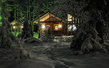 Christmas House, winter, night, lights, snow, trees HD wallpaper