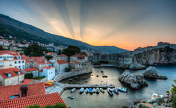 Beautiful Place, rays, boat, town, pier, sunbeams, bay, peaceful, houses, boats, mountains, ocean, sunset, house, landscape, croatia, rocks, view, sailing, nature, lovely, sunlight, beauty, sailboats, amazing, sea, architecture, beautiful, sailboat, sunrays, clouds, sky, splendor, dubrovnik HD wallpaper