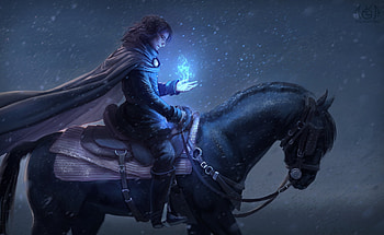 Blue magic, night, blue, anna lopina, horse, magic, art, cal, girl, dark, fantasy, luminos HD wallpaper