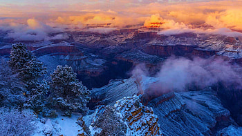 Grand Canyon, Arizona, winter, snow, landscape, clouds, colors, sky, rocks, usa HD wallpaper