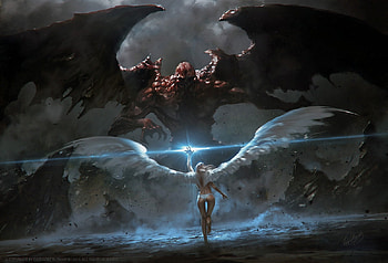 Final battle, wings, white, art, grzegorz rutkowski, angel, girl, demon, fantasy, red, luminos HD wallpaper