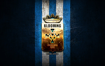 Blooming FC, golden logo, Bolivian Primera Division, blue metal background, football, Venezuelan football club, Club Blooming logo, soccer, Venezuelan Primera Division, Club Blooming HD wallpaper