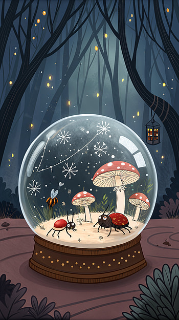 Whimsical Snow Globe: Enchanting , forest, mushroom, insect, fantasy HD phone wallpaper