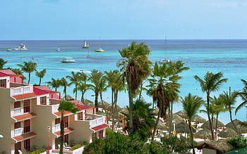 Resort in Aruba Island, palms, sea, resort, yachts, island HD wallpaper
