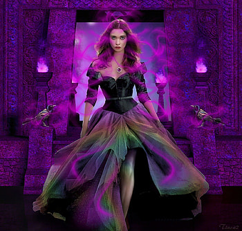 ~Power of Purple~, colorful, birds, cute, colors, digital art, dress, animals, lips, female, model, power, eyes, gorgeous, beautiful, people, purple, fantasy, pretty, manipulation, cool, face, girls, women, fire, lovely, hair HD wallpaper