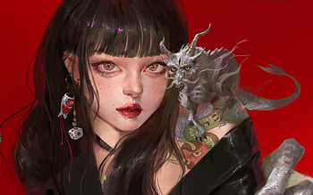 Girl with a little dragon, frumusete, art, tattoo, girl, earrings, fantasy, tea me, red, dragon, luminos, teame HD wallpaper