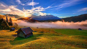 Park Landscape, sky, fog, sunrise, trees, clouds, cabin HD wallpaper