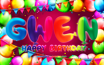 Happy Birtay Gwen, , colorful balloon frame, Gwen name, purple background, Gwen Happy Birtay, Gwen Birtay, popular american female names, Birtay concept, Gwen HD wallpaper