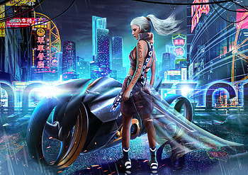 Cyber City Girl Bike, cyberpunk, artist, artwork, artstation, biker HD wallpaper