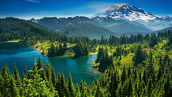 Mount Rainier with Eunice Lake, Washington, mountains, usa, clouds, landscape, trees, sky HD wallpaper