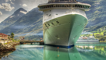 Mountains, Sea, Miscellanea, Miscellaneous, Huge, Ship HD wallpaper