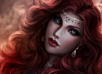 Elsbeth, beuty, sorceress, frumusete, blue eyes, girl, woman, jewel, fantasy, denahelmi, portrait, redhead, luminos HD wallpaper