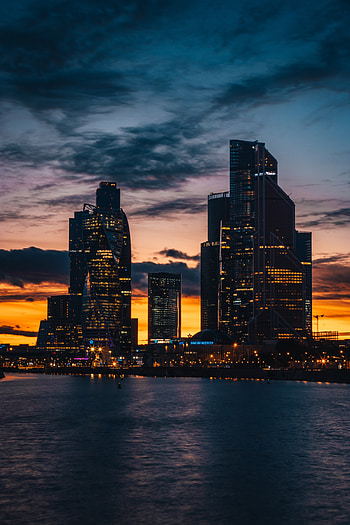 Buildings, city, dawn, sunset, night HD phone wallpaper