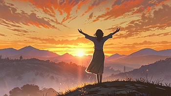 Anime Girl dom At Sunrise, anime-girl, sunrise, sky, mountains, artist, artwork, art, digital-art, ai, deviantart HD wallpaper