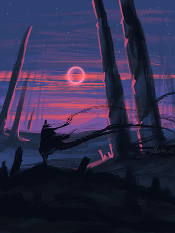 Trees, Sunset, Art, Moon, Silhouette, Lines HD phone wallpaper
